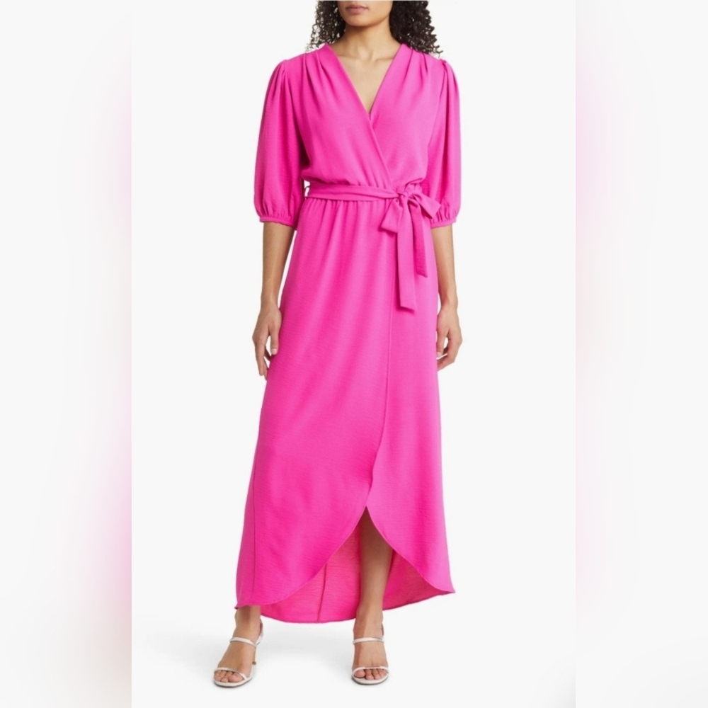 Fraiche By J Puff Sleeve Faux Wrap Maxi Dress in Hot Pink Tie Waist